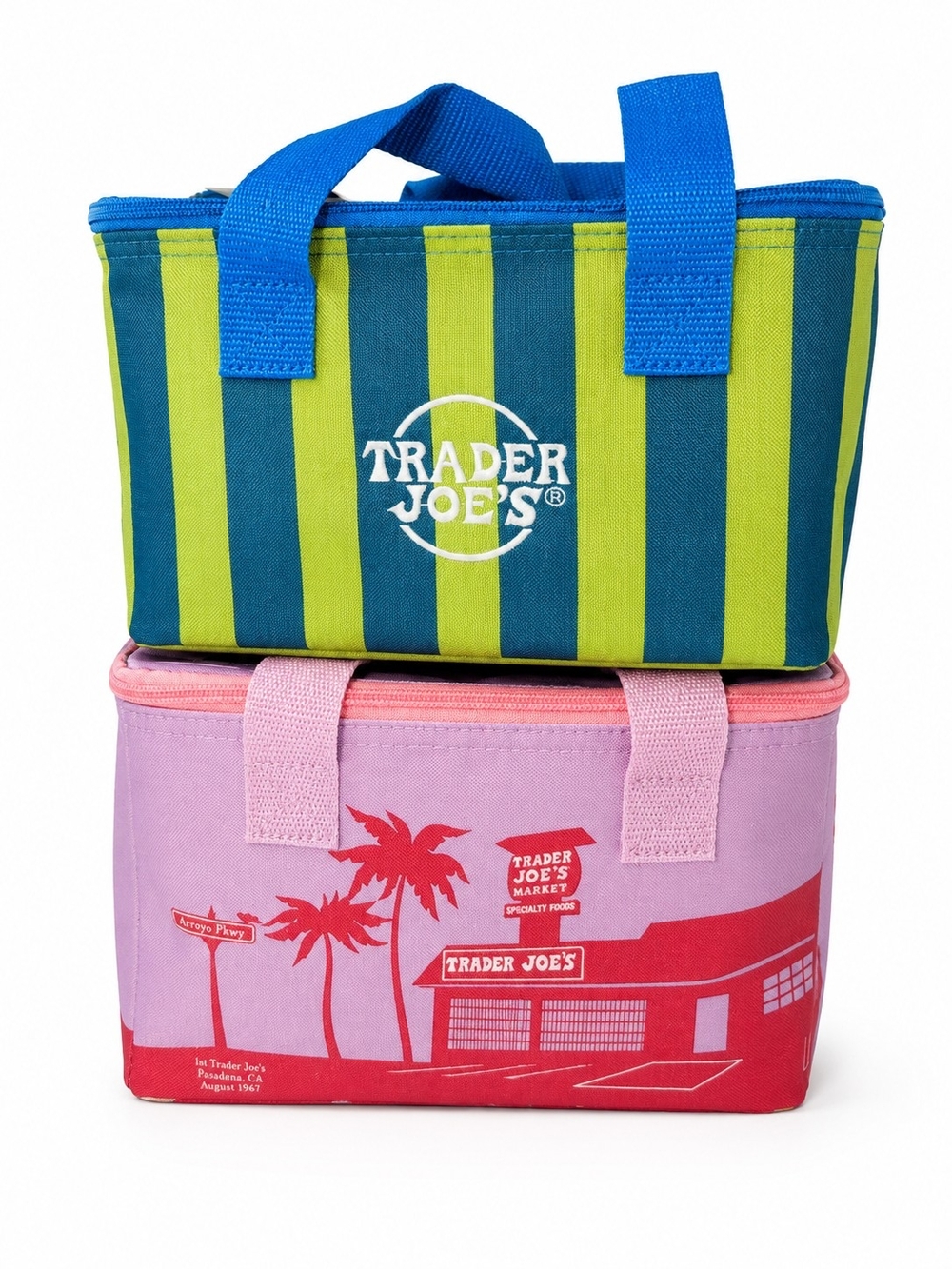 NWT! Trader Joe's Set of Two Insulated Lunch Totes - Blue/Green & Lavender/Pink